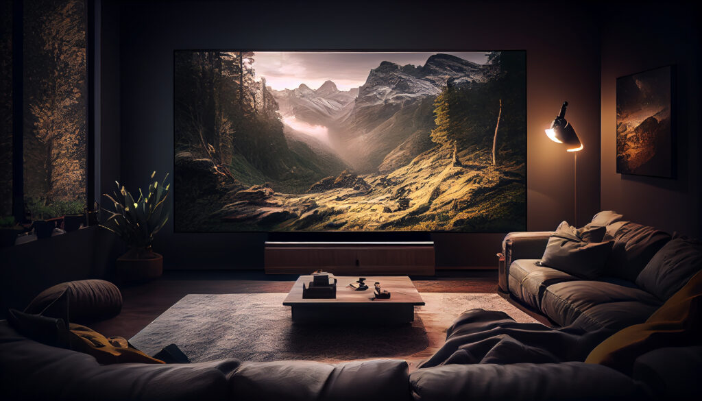  A cozy home theater setup with plush seating, a large screen, and immersive sound—a haven for experiencing cinematic magic and forging emotional connections with loved ones."